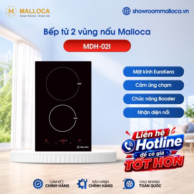 Bếp từ 2 vùng nấu Malloca MDH-02I / Kiểu Domino, kính Eurokera