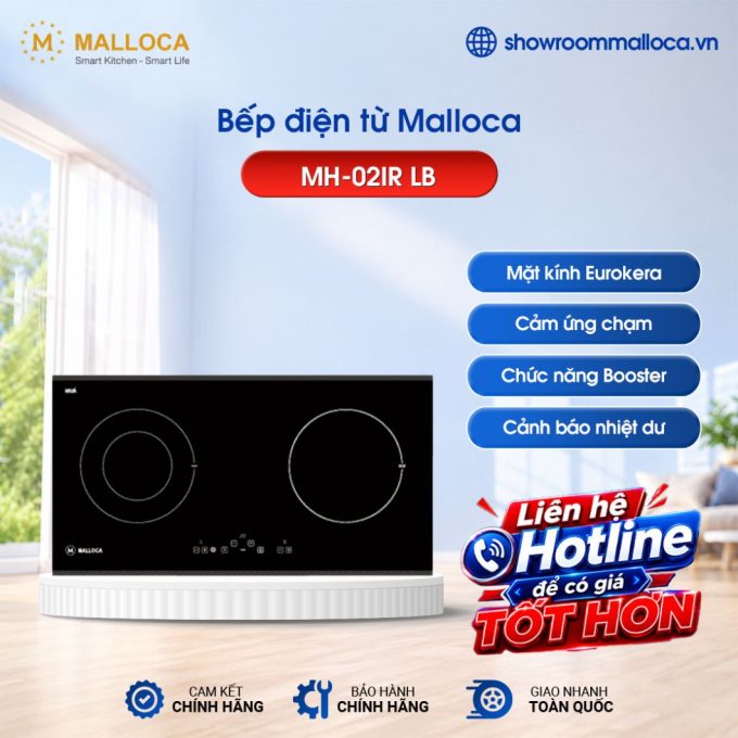 Bếp điện từ 2 vùng nấu Malloca MH-02IR LB / Bếp 1 điện 1 từ, kính Eurokera