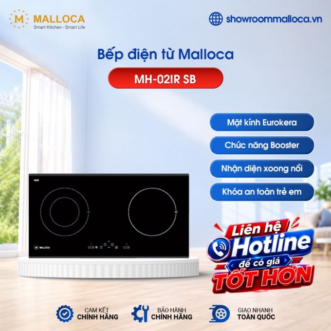 Bếp điện từ 2 vùng nấu Malloca MH-02IR SB / Bếp 1 từ 1 điện, kính Eurokera