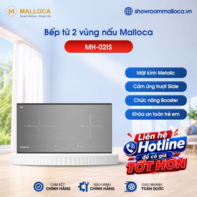 Bếp từ 2 vùng nấu Malloca MH-02IS / Kính Eurokera, dạng xước Metallic kiểu mới