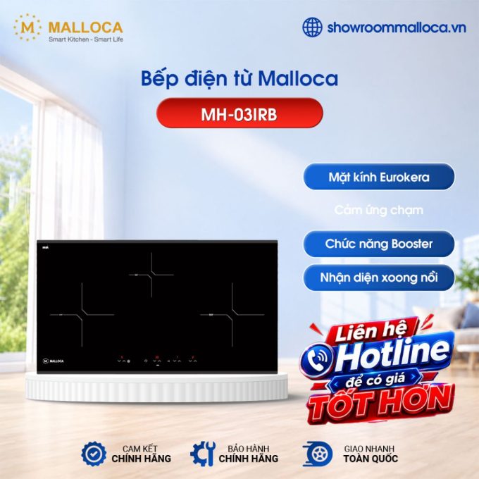 Bếp điện từ 3 vùng nấu Malloca MH-03IRB / 2 Vùng từ 1 vùng điện, kính Eurokera