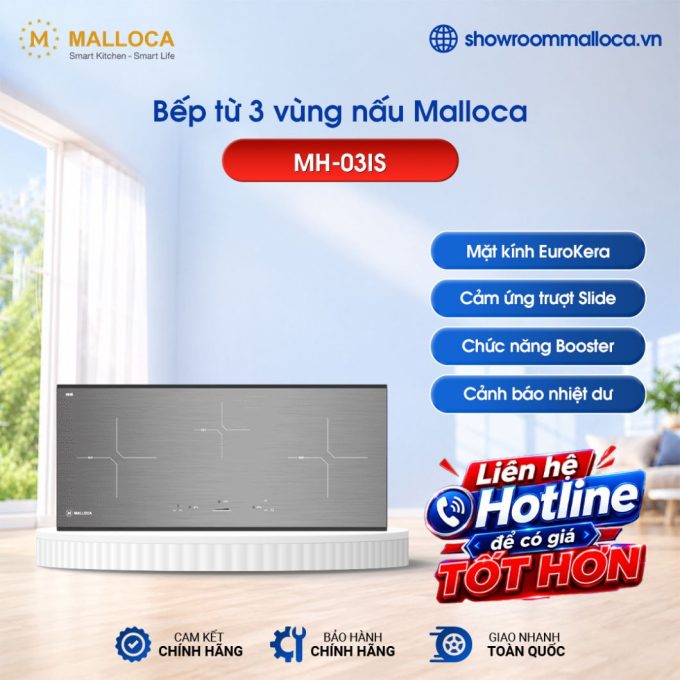 Bếp từ 3 vùng nấu Malloca MH-03IS / Kính Eurokera, dạng xước Metallic kiểu mới