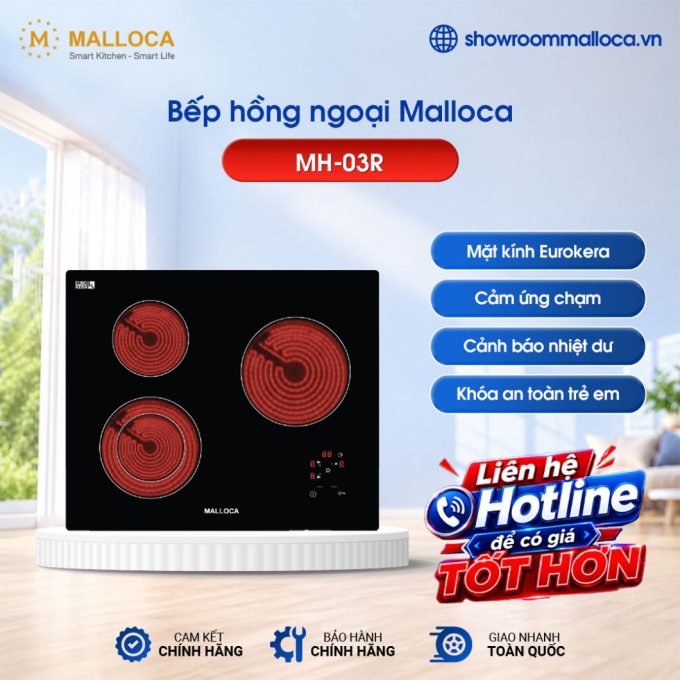 Bếp hồng ngoại 3 vùng nấu Malloca MH-03R / Mặt kính Eurokera