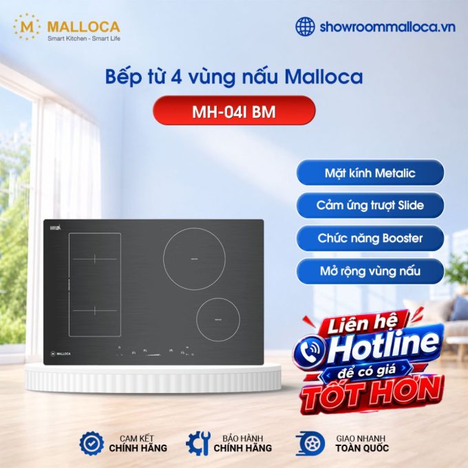 Bếp từ 4 vùng nấu Malloca MH 04I BM / Kính Eurokera, dạng xước Metalic kiểu mới