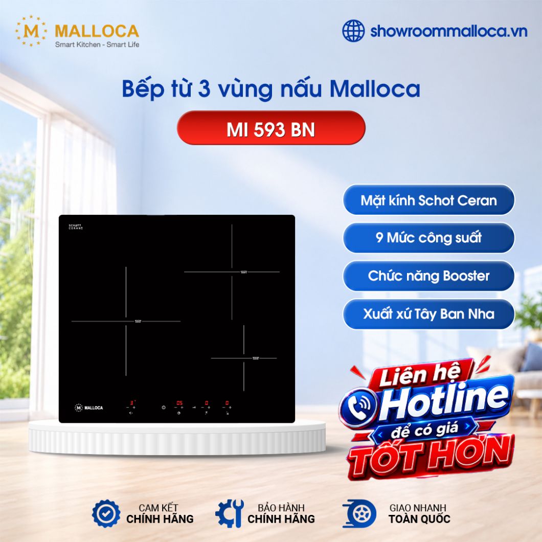 Bếp từ Malloca 3 vùng nấu MI 593 BN lắp âm