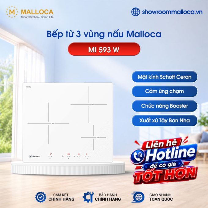 Bếp từ 3 vùng nấu Malloca MI 593W / Nhập khẩu Tây Ban Nha / Kính Schott Ceran trắng sữa