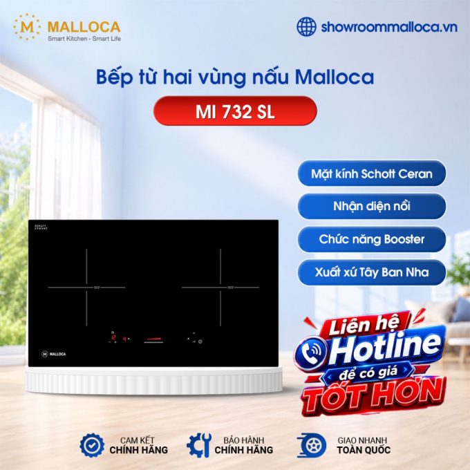 Bếp từ 2 vùng nấu Malloca MI 732 SL / Nhập khẩu Tây Ban Nha, kính Schott Ceran