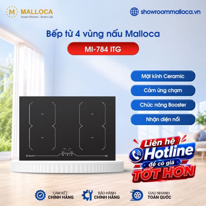 Bếp từ 4 vùng nấu Malloca MI-784 ITG / Nhập khẩu Italia, kính Ceramic