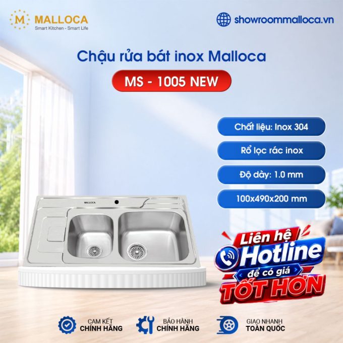 Chậu rửa bát inox 2 hố Malloca MS - 1005 NEW