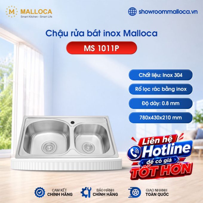 Chậu rửa bát inox 2 hố Malloca  MS 1011P