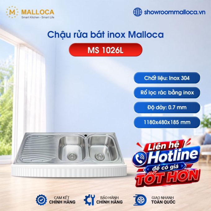 Chậu rửa bát inox 2 hố Malloca MS 1026L