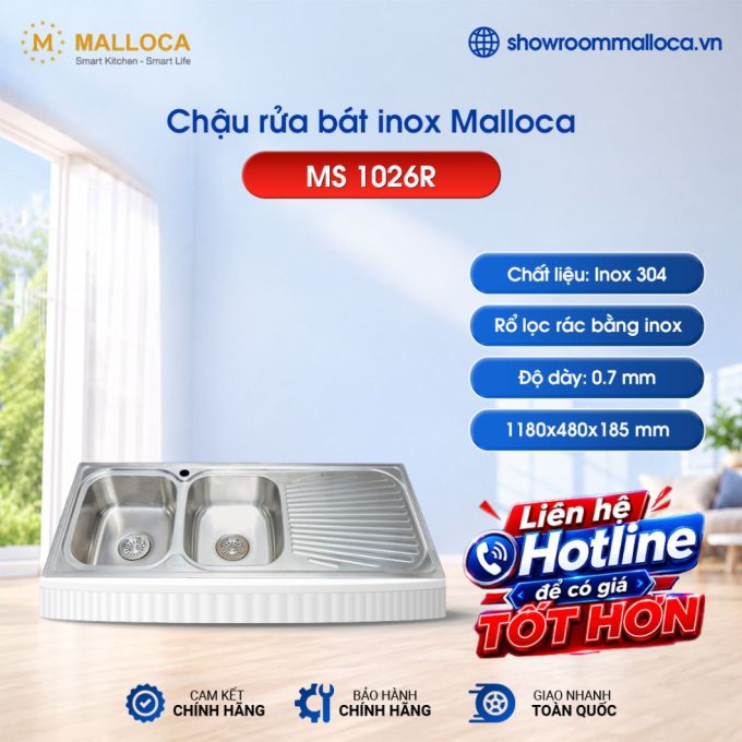 Chậu rửa bát inox 2 hố Malloca MS 1026R