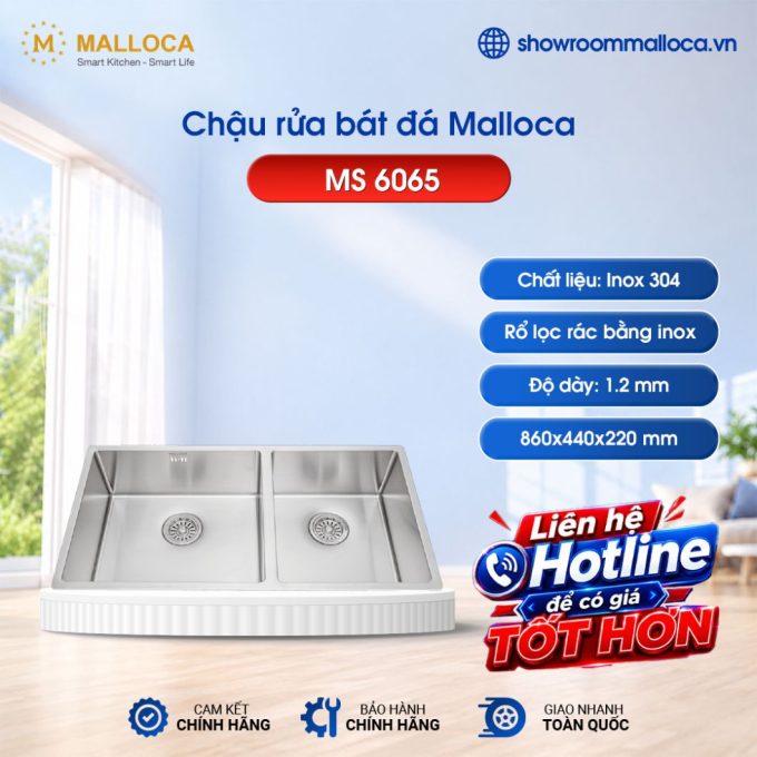 Chậu rửa bát inox 2 hố Malloca MS 6065