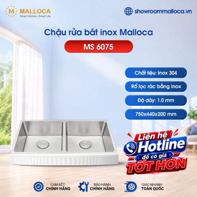 Chậu rửa bát inox 2 hố Malloca MS 6075