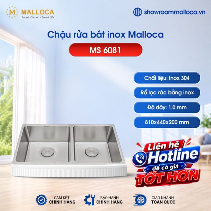 Chậu rửa bát inox 2 hố Malloca MS 6081