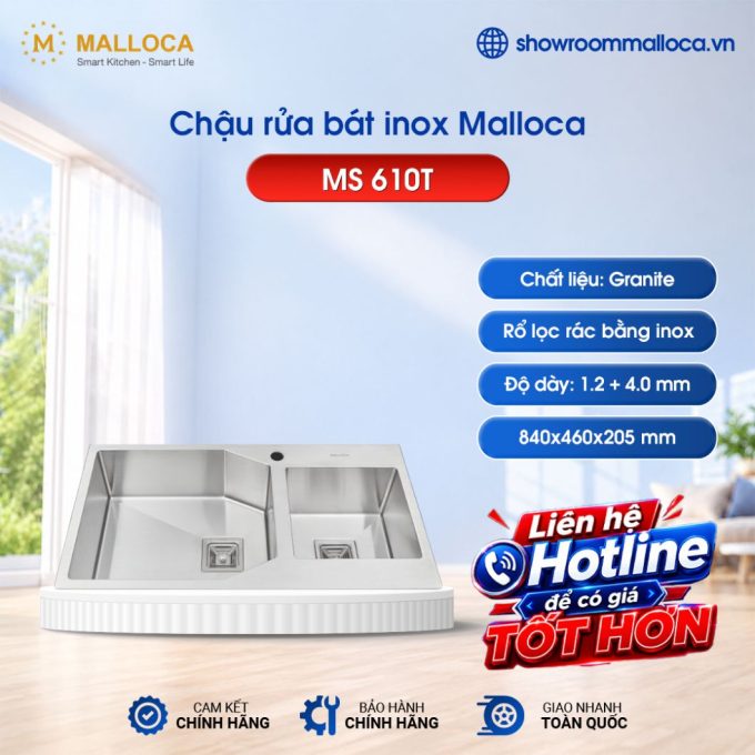 Chậu rửa bát inox 2 hố Malloca MS 610T