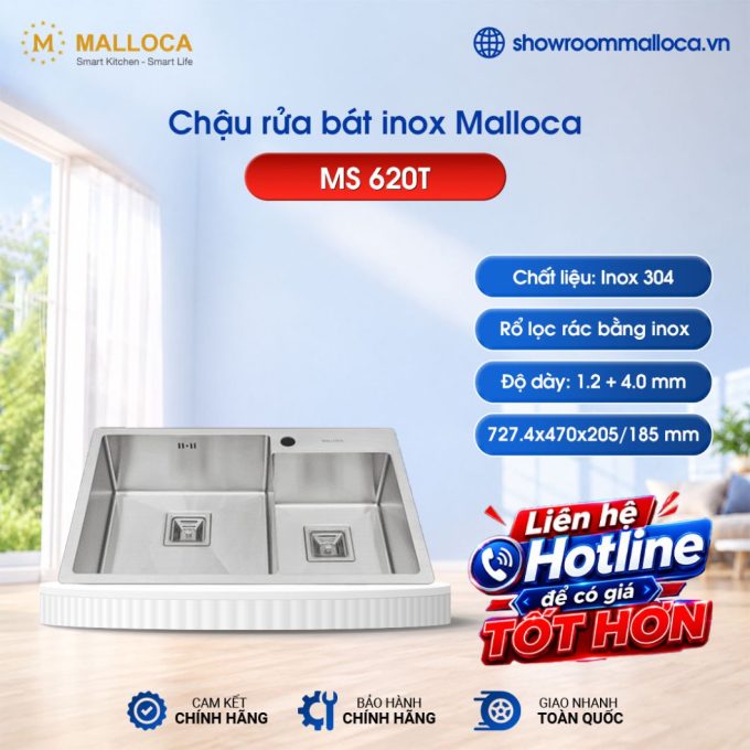 Chậu rửa bát inox 2 hố Malloca MS 620T