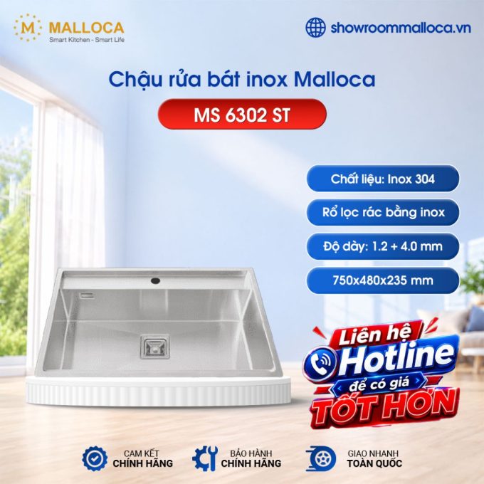 Chậu rửa bát inox 1 hố Malloca MS 6302 ST