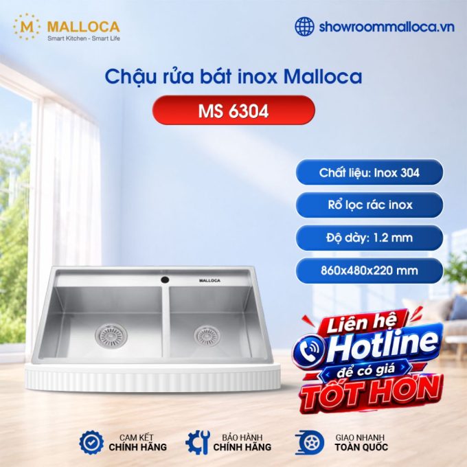 Chậu rửa bát inox 2 hố Malloca MS 6304