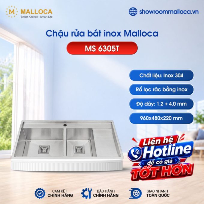 Chậu rửa bát inox 2 hố Malloca MS 6305T