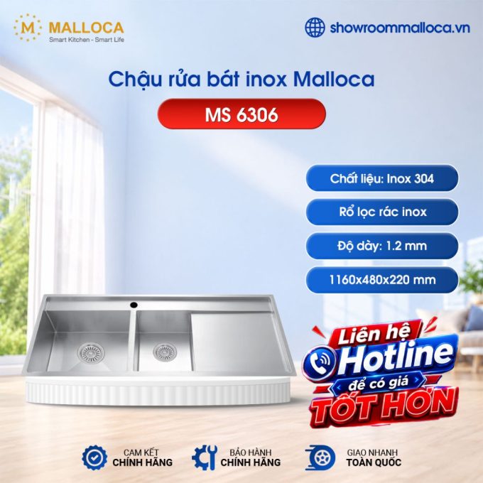 Chậu rửa bát inox 2 hố Malloca MS 6306