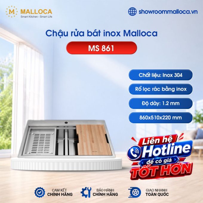 Chậu rửa bát inox 2 hố Malloca Slide MS 861