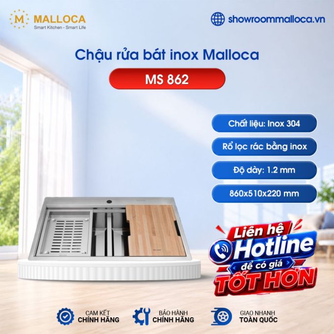 Chậu rửa bát inox 2 hố Malloca Slide MS 862