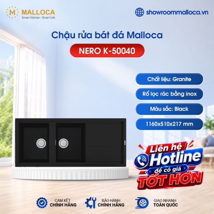Chậu rửa bát đá 2 hố Malloca NERO K-50040