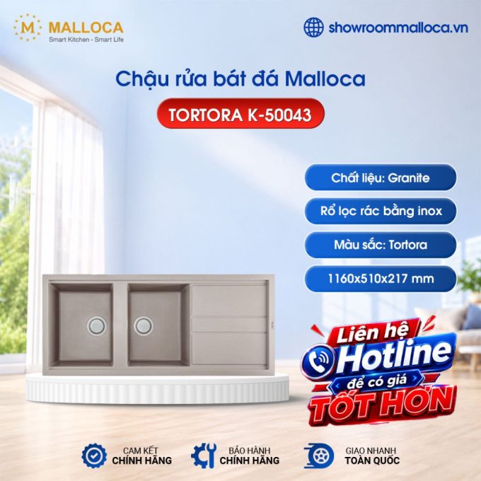 Chậu rửa bát đá 2 hố Malloca TORTORA K-50043