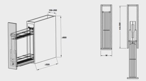 Bộ rổ kéo Hafele 549.34.021 cho tủ hẹp 200mm 3 Kích thước của Bộ rổ kéo Hafele 549.34.021 cho tủ hẹp 200mm