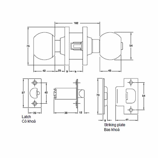 Kích thước của Khóa tay nắm tròn cửa kho loại lớn Hafele 911.64.270 Kích thước của Khóa tay nắm tròn cửa kho loại lớn Hafele 911.64.270