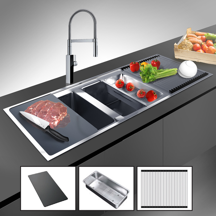 Chậu rửa bát đôi Dudoff SPOT MF2L (Rổ inox, thớt kính đen+khay cuộn) 5 Chậu rửa bát đôi Dudoff SPOT MF2L (Rổ inox, thớt kính đen+khay cuộn) - Ảnh 3