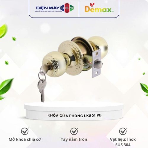 Khóa cửa phòng tay nắm tròn Demax LK801 PB