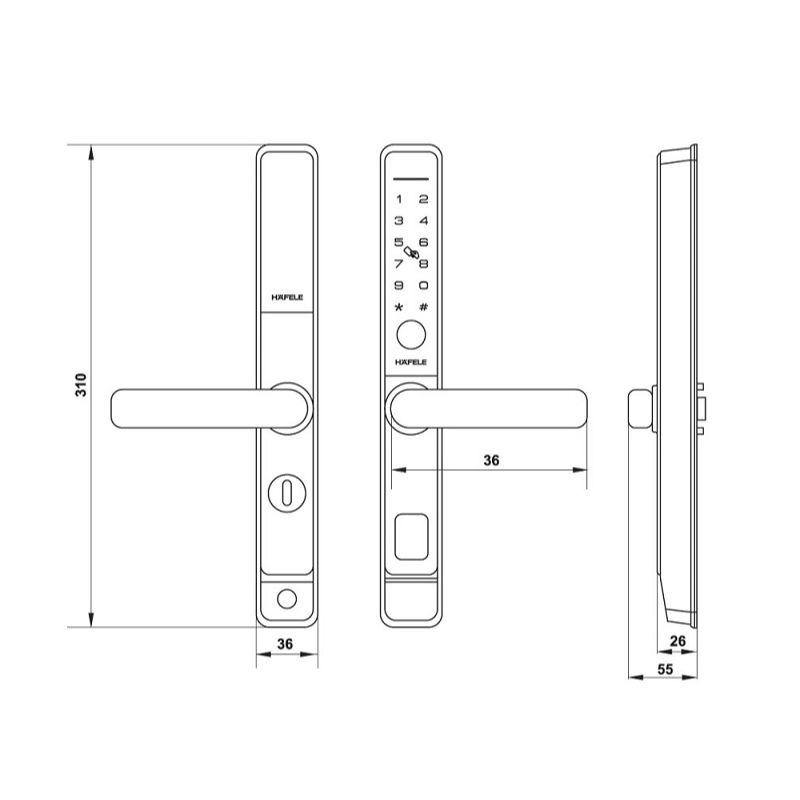 Khóa điện tử cửa nhôm DL6600 Hafele 912.20.145 5 Kích thước khóa điện tử cửa nhôm DL6600 Hafele 912.20.145