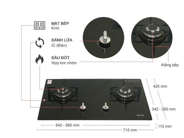 Bếp gas âm Rinnai RVB-212BG 6 Kích thước Bếp gas âm Rinnai RVB-212BG