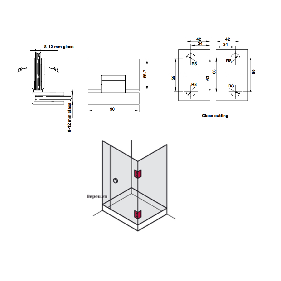 Bản lề kính - kính 90º màu đen Hafele 981.77.907 4 Kích thước của Bản lề kính - kính 90º màu đen Hafele 981.77.907