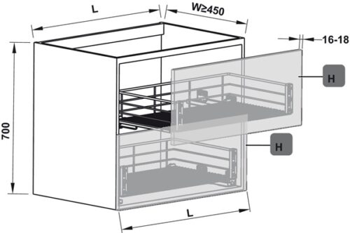 Bộ rổ kéo gắn với cánh Hafele 549.03.144 cho tủ rộng 600mm 5 Kích thước của Bộ rổ kéo gắn với cánh Hafele 549.03.144 cho tủ rộng 600mm