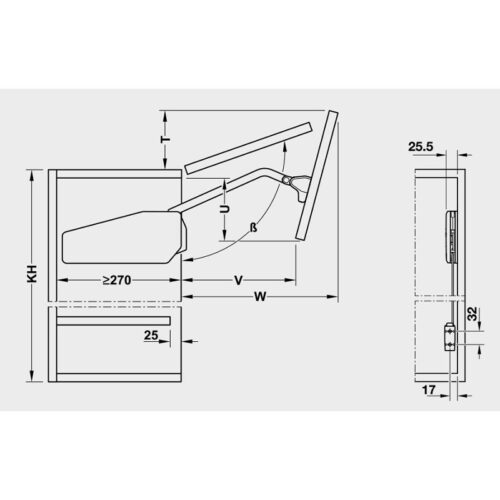 Bộ tay nâng Free Fold Short Hafele 493.05.735 5 Kích thước của Bộ tay nâng Free Fold Short Hafele 493.05.735