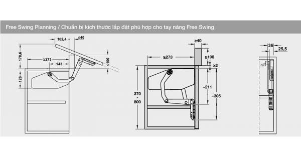 Bộ tay nâng Free Swing Hafele 493.05.773, đen 4 Kích thước của Bộ tay nâng Free Swing Hafele 493.05.773, đen