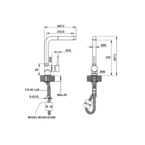 Vòi Rửa Chén Hafele HT19-GH1F270 570.51.380 5 Kích thước Vòi Rửa Chén Hafele HT19-GH1F270 570.51.380