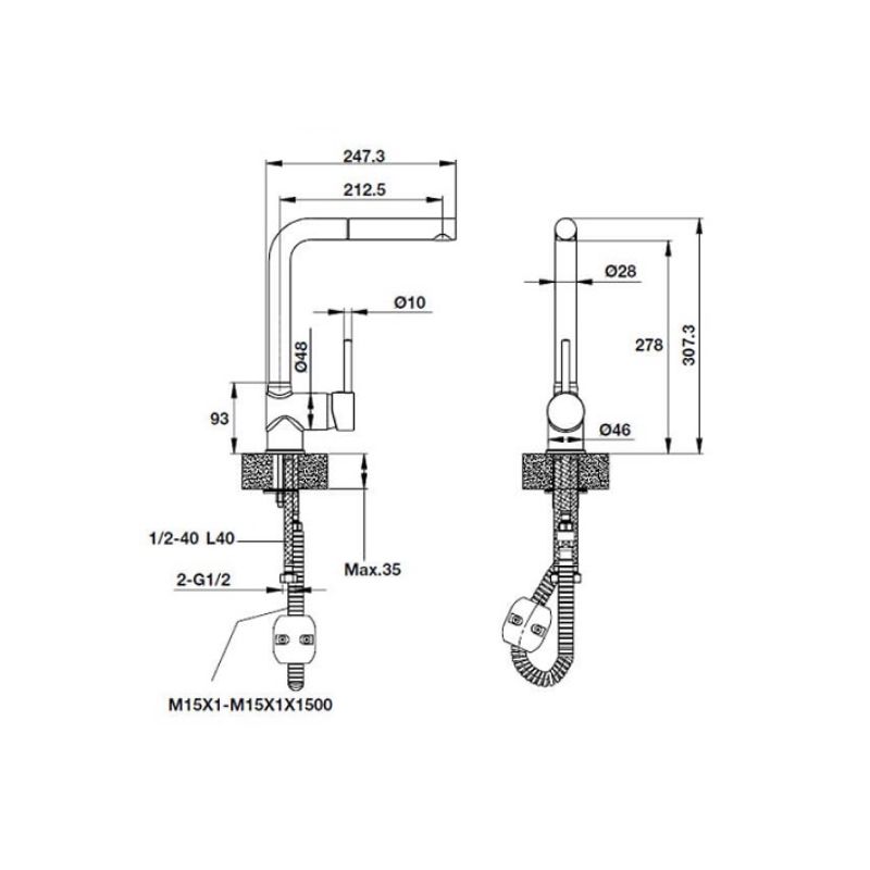 Vòi Rửa Chén Hafele HT19-GH1F270 570.51.380 4 Kích thước Vòi Rửa Chén Hafele HT19-GH1F270 570.51.380
