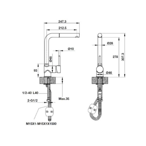 Vòi rửa chén Hafele HT19-GH1P278 570.51.580 5 Kích thước vòi rửa chén Hafele HT19-GH1P278 570.51.580