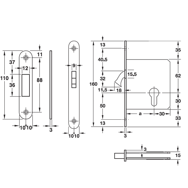 Thân khóa cho cửa trượt đố nhỏ Hafele 911.26.672 4 Kích thước của Thân khóa cho cửa trượt đố nhỏ Hafele 911.26.672