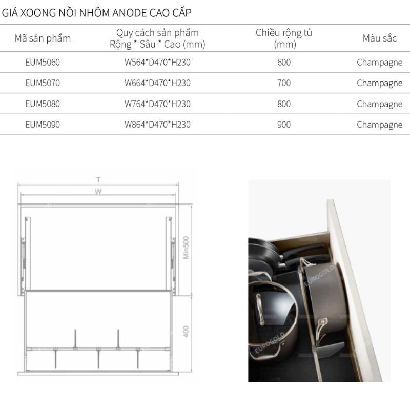 Kích thước giá xoong nồi Eurogold EUM5090 Kích thước giá xoong nồi Eurogold EUM5090