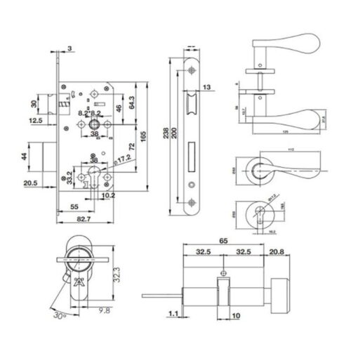 Bộ khóa tay nắm nắp chụp Hafele 499.63.802 5 Kích thước bộ khóa tay nắm nắp chụp Hafele 499.63.802