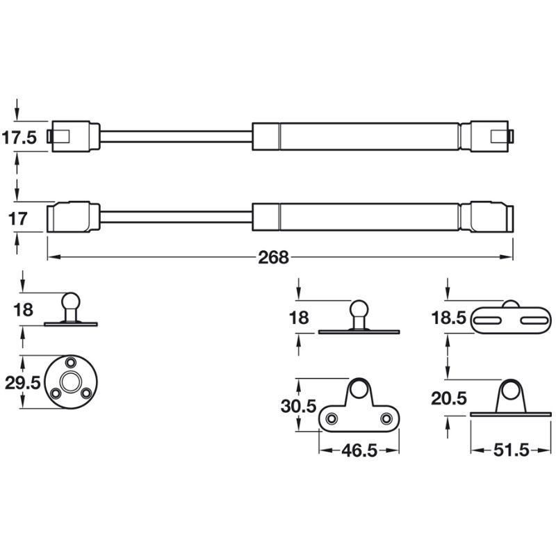 Pittong đẩy cánh tủ 120N Hafele 373.82.909 4 Kích thước chi tiết pittong đẩy cánh tủ 120N Hafele 373.82.909