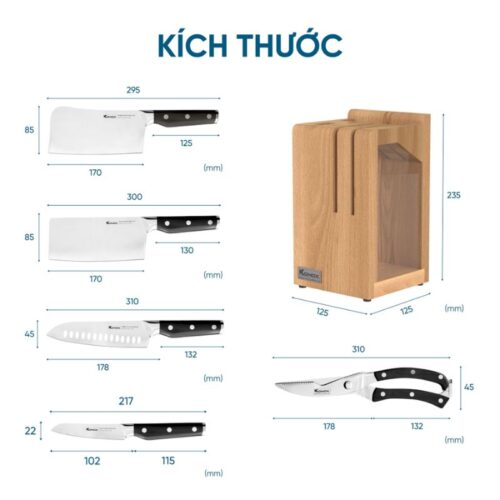 Bộ dao làm bếp cao cấp 5 món Konox Impecca 10 Kích thước bộ dao làm bếp cao cấp 5 món Konox Impecca