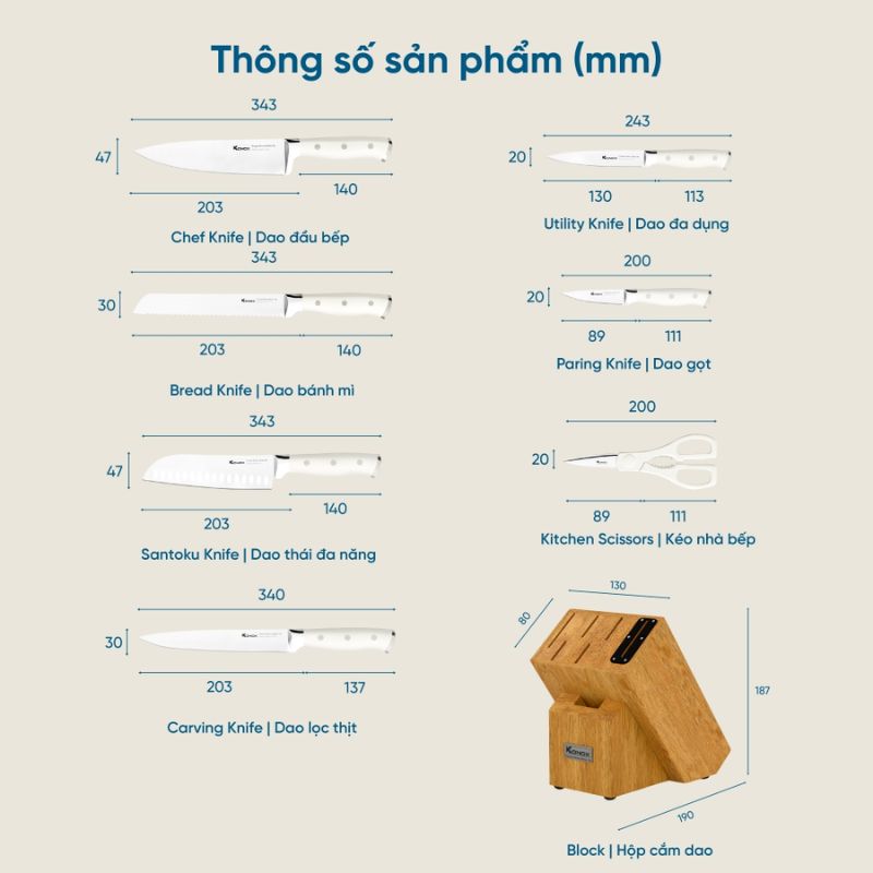 Bộ dao làm bếp cao cấp 7 món Konox Gouter 7 Thông số bộ dao làm bếp cao cấp 7 món Konox Gouter