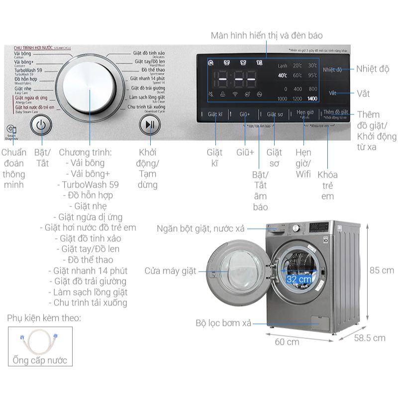Máy giặt LG 10kg FV1410S4P APTPEVN cửa trước 4 Thông số kỹ thuật máy giặt LG 10kg FV1410S4P APTPEVN cửa trước