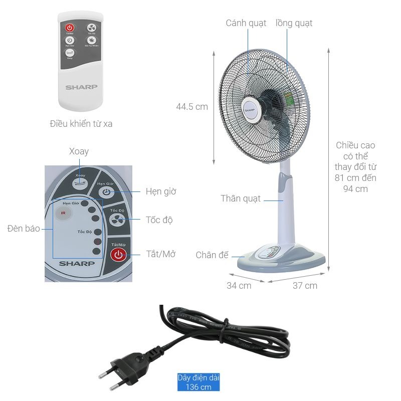 Quạt đứng Sharp PJ-L40RV-LG 5 Thông số quạt đứng Sharp PJ-L40RV-LG